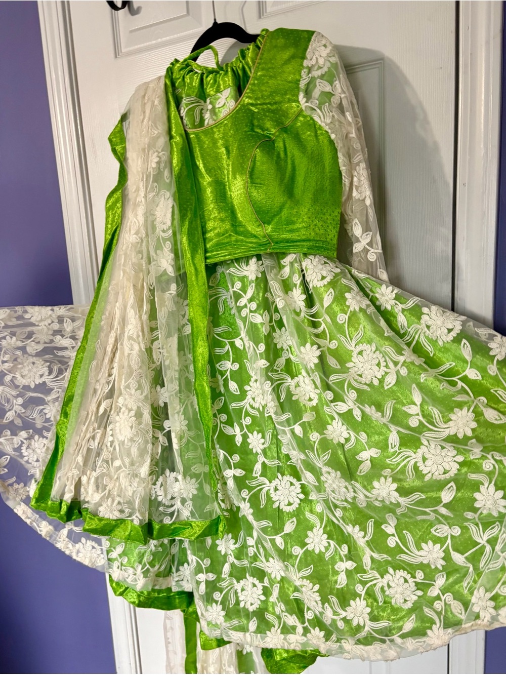 Parrot Green & White Net embroidered party wear chanyia choli 3 piece set.